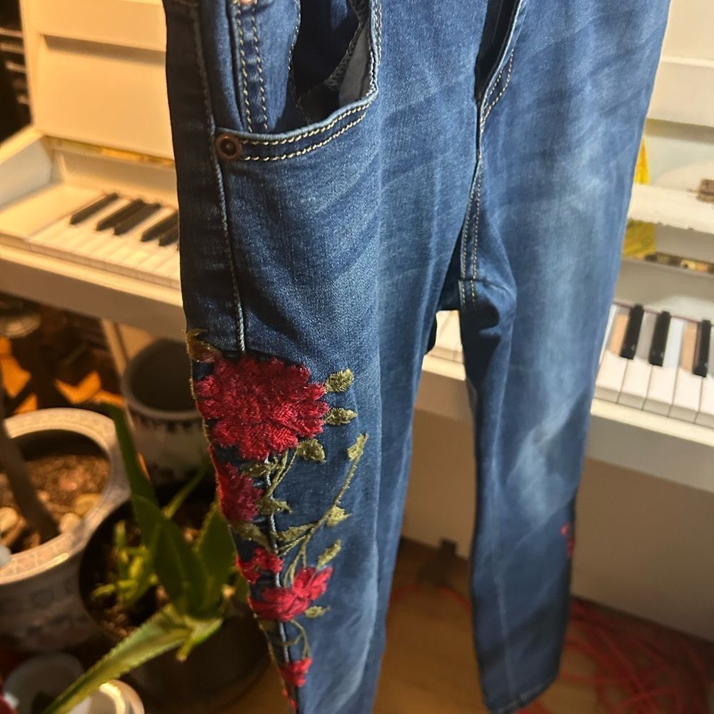 Straight Leg Blue Jeans with Red Floral Embroidery - Picture 5 of 13